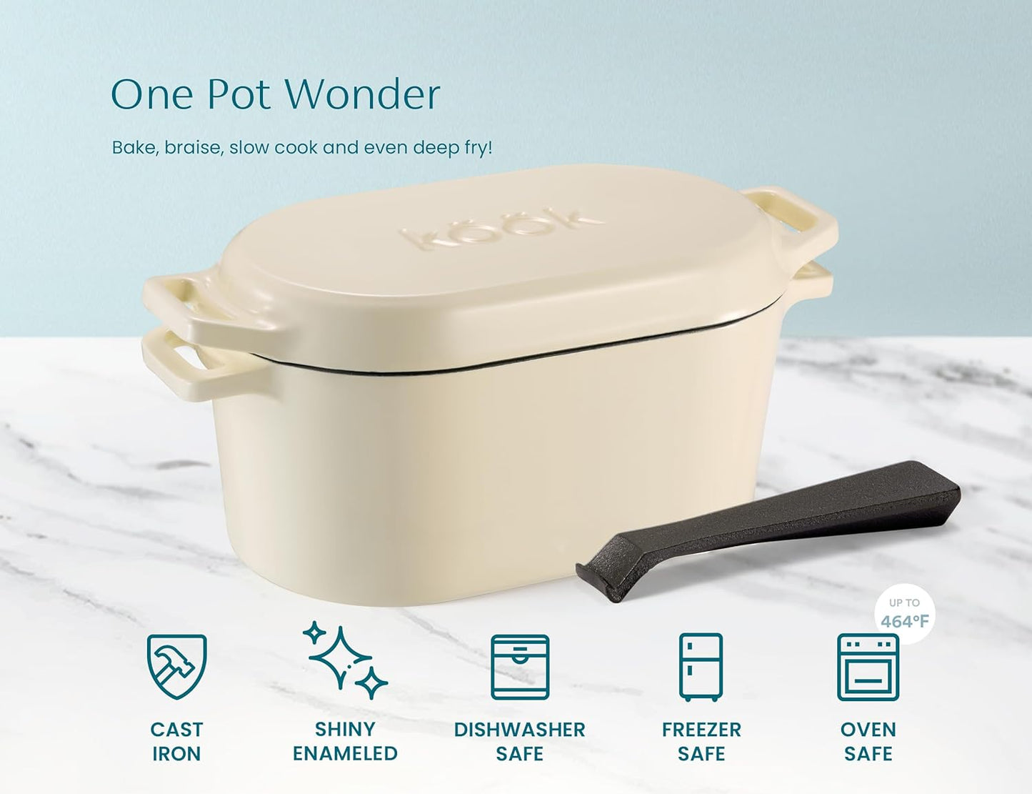 KooK Dutch Oven with Lid, Dual Handles, Enameled Cast Iron, includes Lid Lever, Great for Baking Bread, Cooking and Roasting, Dishwasher Safe, 3.4 Qt, Ivory