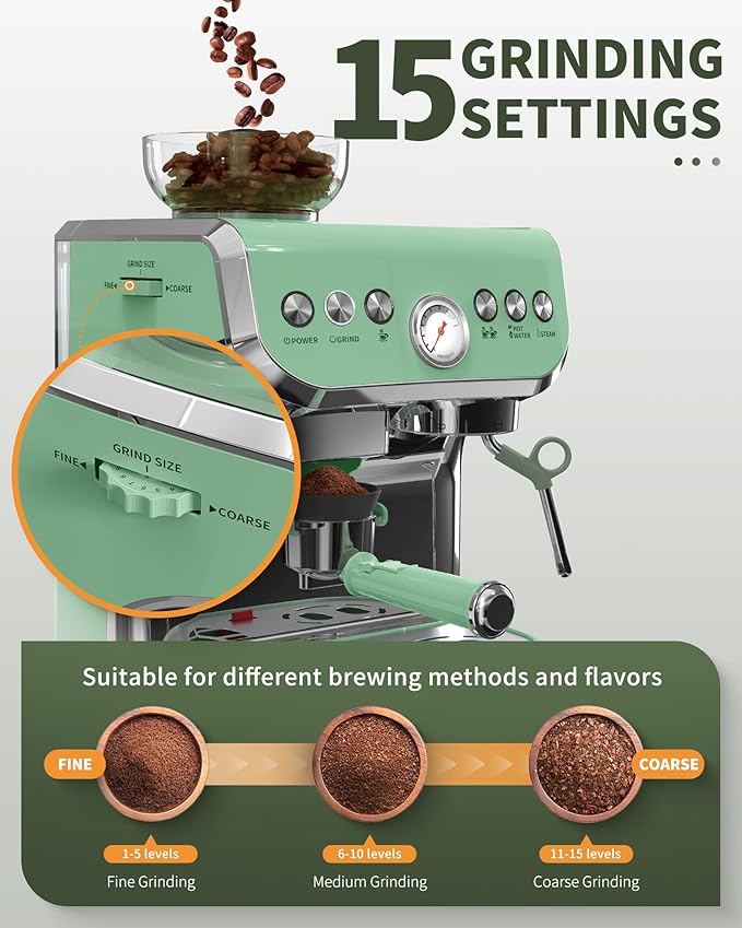 Amaste Espresso Machine with Grinder, 15 Bar Espresso Machine with Steam Wand for Latte and Cappuccino, 68Oz Water Tank, Pre-Infuse Brewing, Espresso Coffee Maker for Home Use, Barista Kit, Green