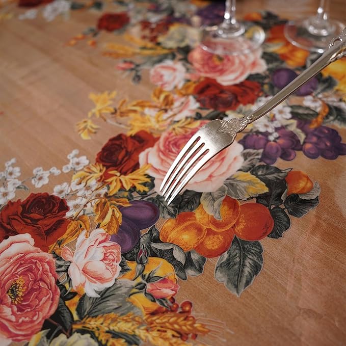 Clear Table Cover Protector Vinyl PVC Rectangle Table Cloth with Floral Fruit Pattern Oil Spill Proof Plastic Tablecloths for Dining Tables Parties Holidays (Floral Fruit, 55 x 84 Inches)
