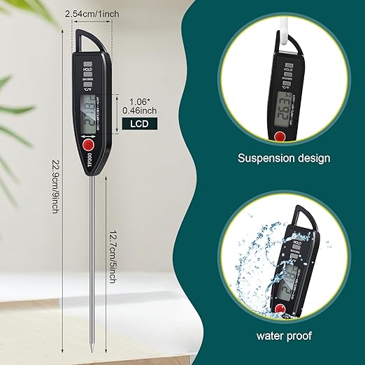 3 Pcs Instant Read Meat Thermometer with Long Probe 9.65 Inch Kitchen Cooking Food Candy Waterproof Digital Thermometer for BBQ Water Milk Yogurt Liquid (Pointed,Black)
