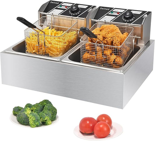 Commercial Deep Fryer with Baskets, 3400W 12.7QT/12L Thickened Stainless Steel Countertop Electric Oil Fryer, Large Capacity with Temperature Control