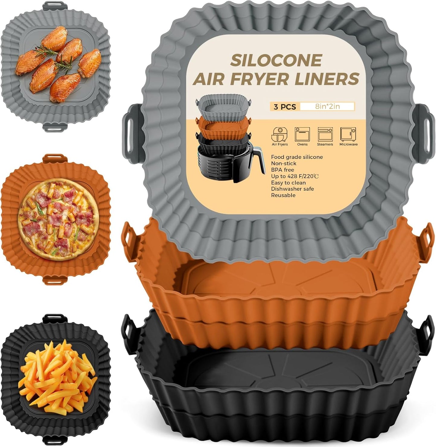Buauty 3 Pack Air Fryer Silicone Liners 8inch Air Fryer Silicone Pot Reusable Food Grade Silicone Airfryer Liners Baking Basket Accessories Replacement of Flammable Disposable Parchment Paper