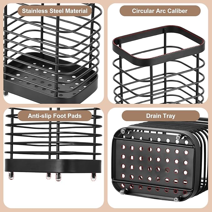 Utensil Holder, Stainless Steel Utensil Drying Rack for Kitchen Counter, Silverware Cutlery Flatware Holder Forks, Knives, Spoons, Chopsticks Organizer (Black)