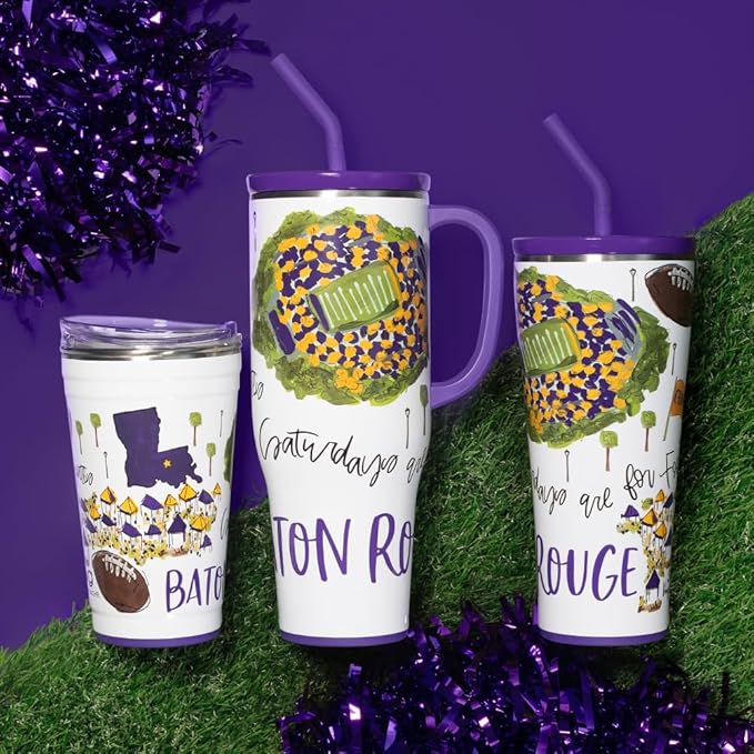 Swig Life 32oz Straw Tumbler, Travel Coffee Tumbler with Lid, Cup Holder Friendly Travel Coffee Mug, Stainless Steel, 32 oz Reusable Insulated Coffee Mug (Saturdays In Baton Rouge)