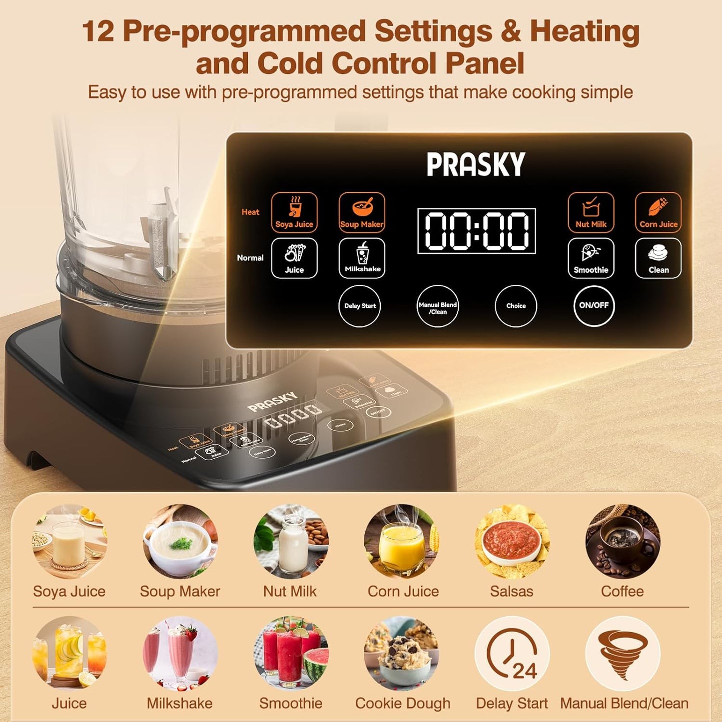 Blenders for Kitchen with Heating, PRASKY 1500W Professional Heating Blender 55oz Glass Jar,25000RPM Powerful Soy Milk Maker, Smoothies Blender, Auto Clean for Smoothies Soups Sauces (Black)