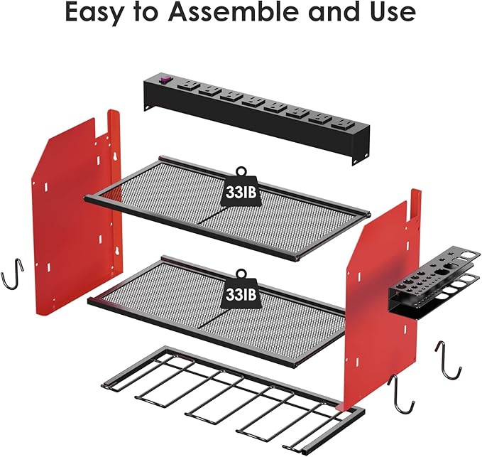 CCCEI Modular Power Tool Organizer Wall Mount with Charging Station. Garage Drill Storage Shelf with Hooks, Heavy Duty Rack, Tool Battery Holder Built in 8 Outlet. Gift for Men. Red, 2 Pack.