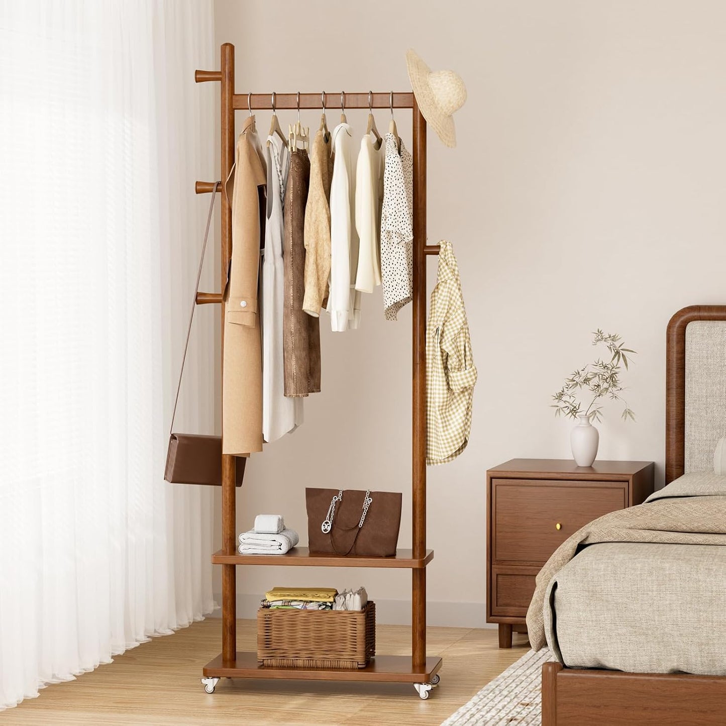 Coat Rack Freestanding Clothing Rack with Wheels & 2 Shelves Storage & 5 Hooks Heavy Duty Clothes Rack Wood Coat Tree Stand Hat Hanger Rack for Corner Bedroom Entryway Living Room Hotel Size L