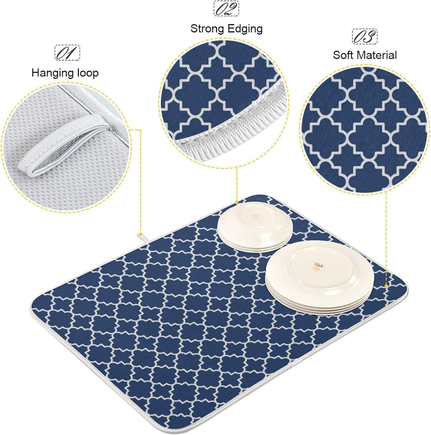 Super Absorbent Dish Drying Mat Microfiber Fast-Drying Dish Mat 16" x 18" Kitchen Dish Drying Pad Watercolor Cute Navy Blue Moroccan