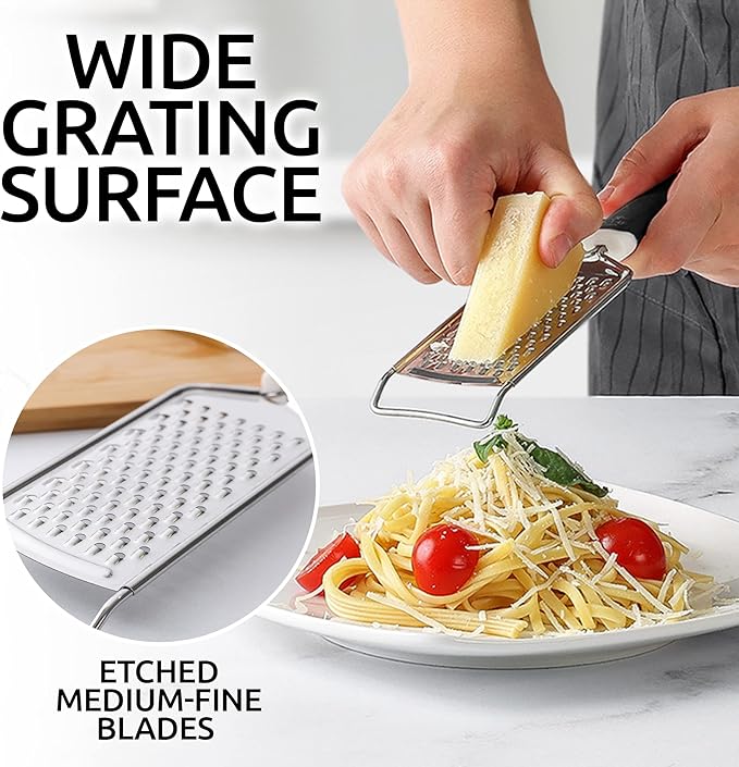 Zulay Kitchen Professional Cheese Grater Stainless Steel - Durable Rust-Proof Metal Lemon Zester Grater With Handle - Flat Handheld Shredder for Parmesan, Chocolate, Spices, And More - 2 Pack - Black