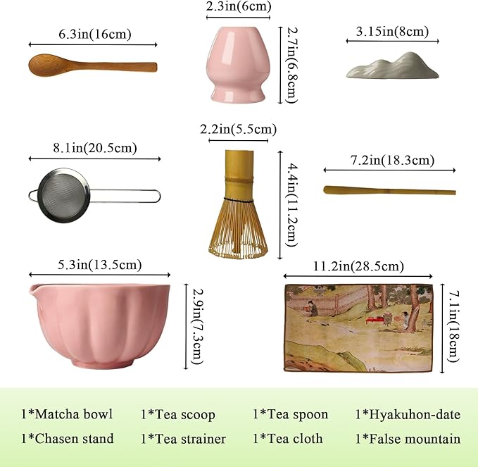 Matcha Whisk Set, Ceramic Matcha Bowl with Whisk & Holder, Bamboo Scoop & Spoon, Scoop Rest, Sifter and Tea Towel- 8 Pcs Matcha Kit for Matcha Lovers (Pink)