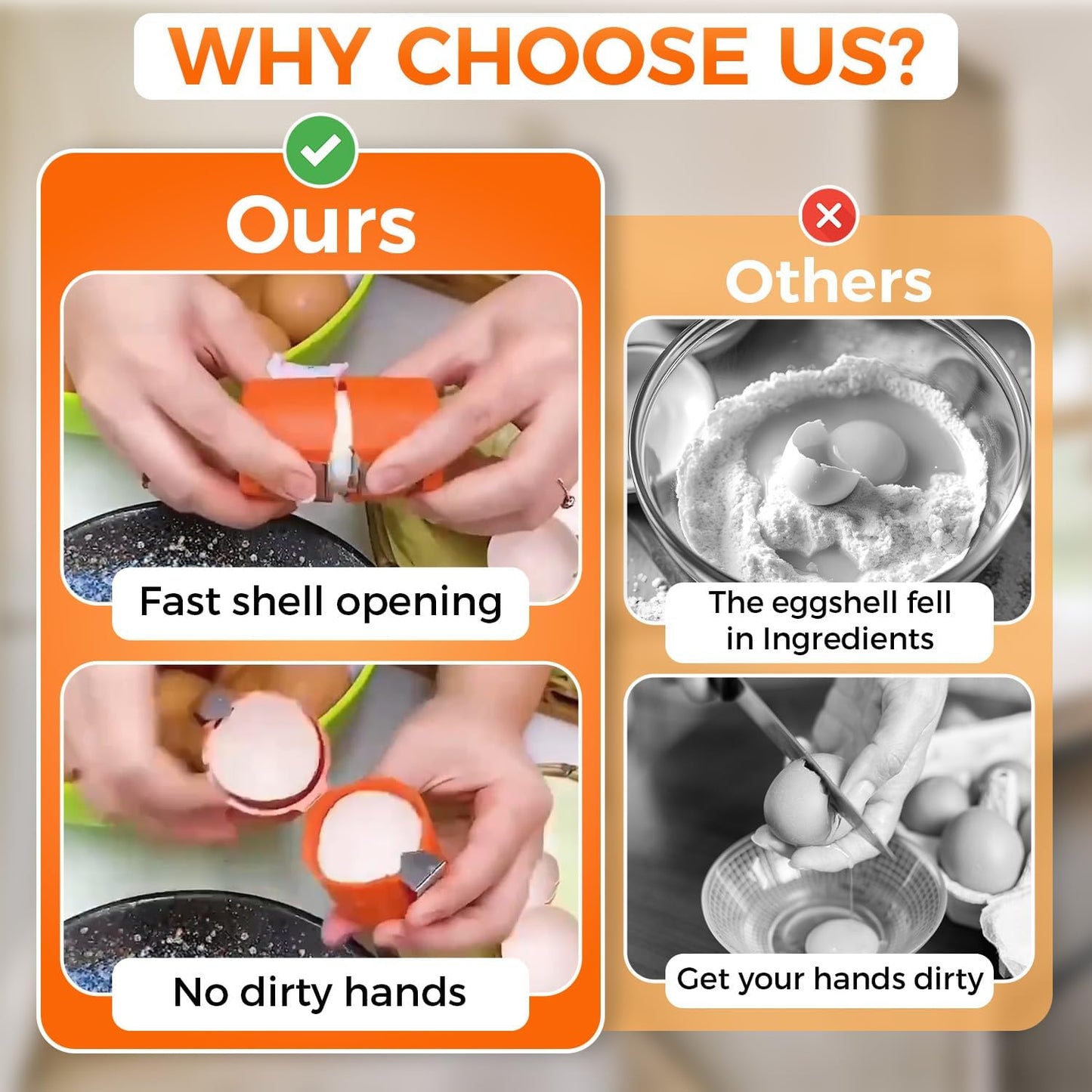 Egg Cracker Tool | Easy Shell Egg Opener | Handheld Egg Seperator Tool | Perfect for Baking, Scrambled Eggs & Omelets – No Mess, No Shell Pieces (Yellow/Pink/Orange - 3 Pack)