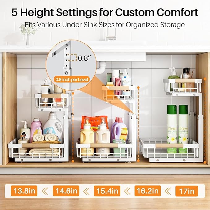 PXRACK Under Sink Organizer,1 Pack,2 Tier Metal Slide out Sink Shelf Pull out Cabinet Organizer Drawers, Under Sink Organizers and Storage for Kitchen Bathroom Pantry Closet Cabinet