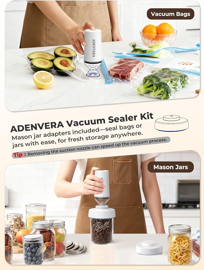 Handheld Vacuum Sealer for Food — Electric Vacuum Sealer Machine & Mason Jar Vacuum Sealer Kit with 10 Reusable Bags & 10 Mason Jar Lids, Portable & Rechargeable, Smart Auto-Stop, White