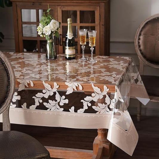 Vinyl Table Cloth Rectangle Clear Table Cover Protector with Block Printed Pattern Oil Spill Proof Farmhouse Rustic Plastic Table Covers for Dining Tables (Scroll Grass, 52 x 70 Inches)