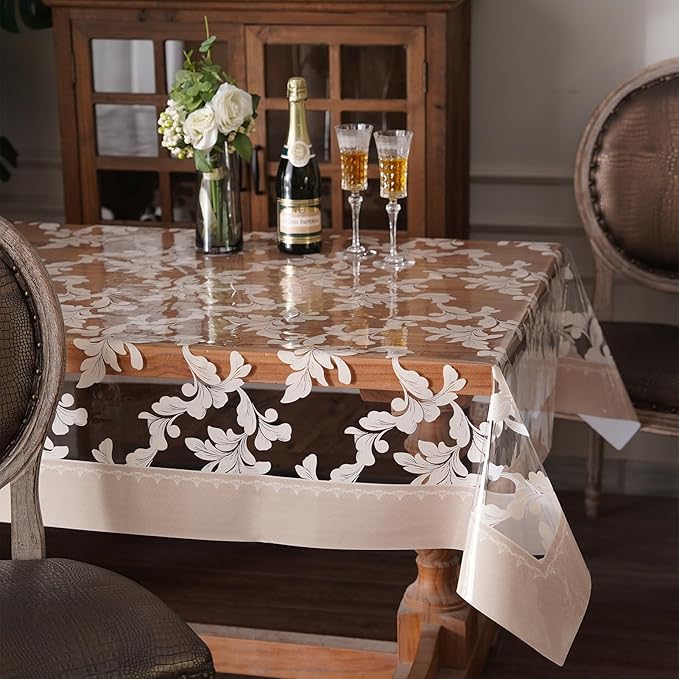 Waterproof Clear Table Cover Protector Vinyl Rectangle Table Cloth Oil Spill Proof Wipe Clean Plastic Tablecloths for Dining Tables (Scroll Grass, 60 x 84 Inches)