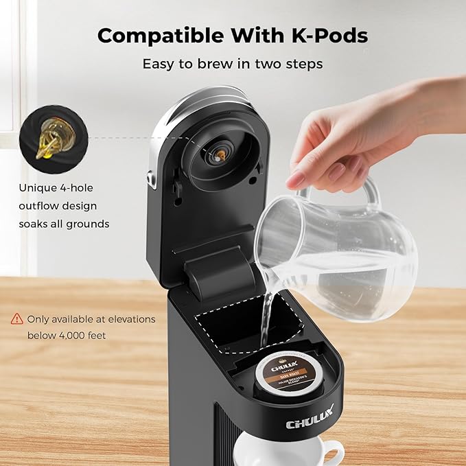 CHULUX Slim Single Serve Coffee Maker for K Pods, One Cup Coffee Maker Fits 7.3" Travel Mugs, Coffee Machine with 6 to 12oz Brew Sizes