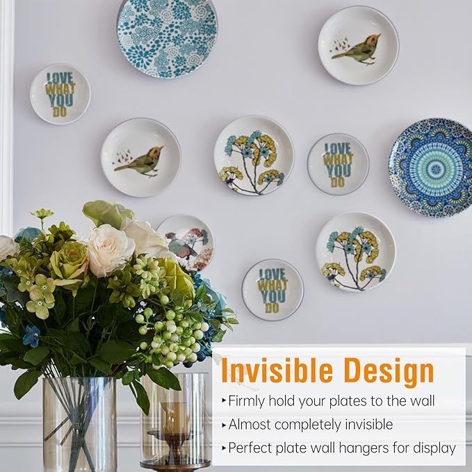 Bilillo 6 Pieces Invisible Heavy Duty Plate Holders, Stainless Steel Plate Hangers for The Wall, Plate Hangers for Display with Wall Hooks, Suitable for 6-8 inch Decorative Plates and Arts (Silver)