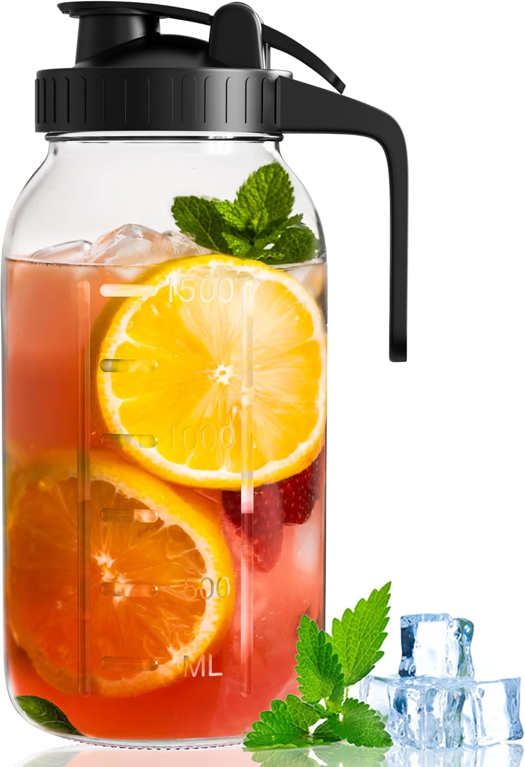 64 oz Mason Jar Pour Spout, 2 Quart Glass Water Pitcher with Lid, Airtight Seal for Great for Iced Tea,Juice,Milk,Coffee,Sun Lemonade, Set of 1(Black)