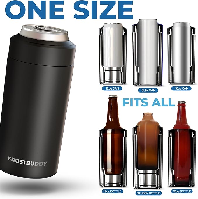 Frost Buddy Universal Can Cooler - Fits all - Stainless Steel Can Cooler for 12 oz & 16 oz Regular or Slim Cans & Bottles - Stainless Steel (Rocket Pop)