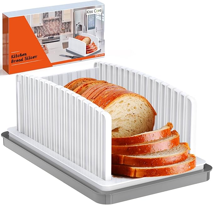 Kiss Core New Upgrade Bread Slicer for Homemade Bread, Bread Slicing Guide Adjustable Width, Foldable and Compact Cutting Guide with Crumb Tray, Suitability for Homemade Bread, Bagels, Cakes