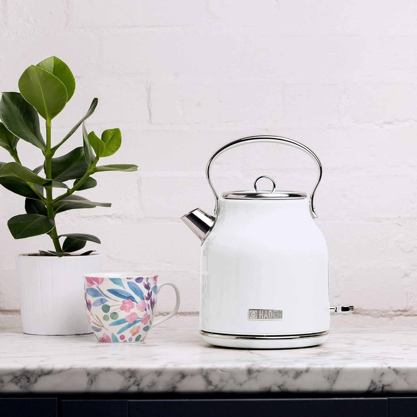 Haden Heritage 1.7 Liter Stainless Steel Electric Kettle, Hot Water Kettle with 360-Degree Base and Auto Shutoff, Ivory & Chrome