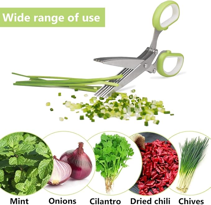 5-Blade Herb Cutter Scissors with Safety Cover, Cleaning Comb - Green