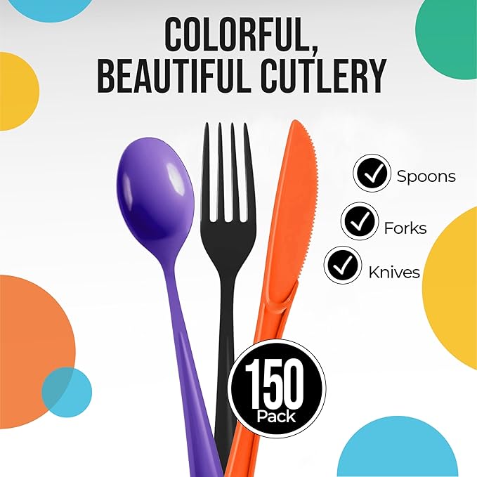 Party Solids Halloween Plastic Silverware Heavy Duty 150 Pieces Halloween Plastic Cutlery Sets, Utensil Sets, 50 Of Each Forks, Knives & Spoons Disposable Cutlery Set, Flatware Set For Party Supplies