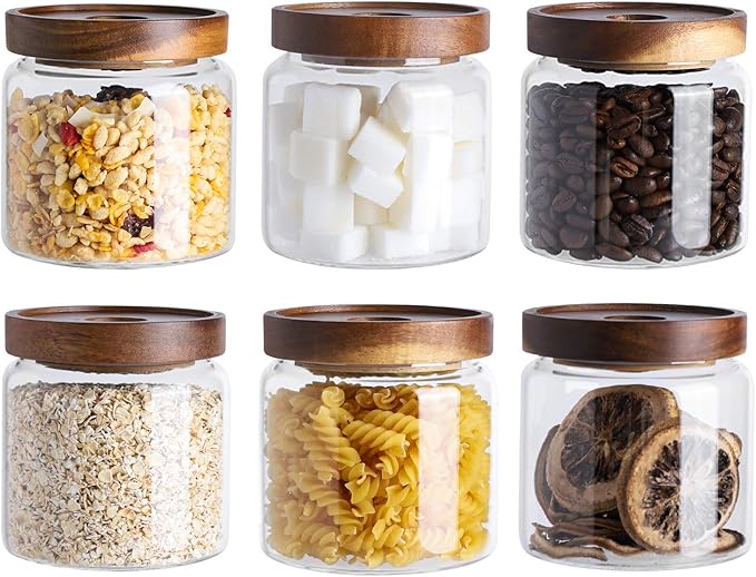 Kanwone Glass Storage Jars Set of 6, 17 Ounce Airtight Food Storage Containers with Bamboo lids, Clear Glass Canisters for Pantry, kitchen, Flour, Sugar, Tea, Coffee, Snack, Spice and Herbs