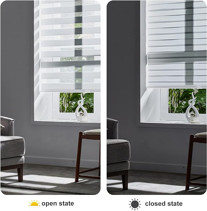 Persilux Cordless Zebra Blinds for Windows Free-Stop Window Shades (27" W X 72" H, White) Dual Layer Light Control for Day and Night, Light Filtering Sheer Shades for Home, Bedroom, Easy to Install