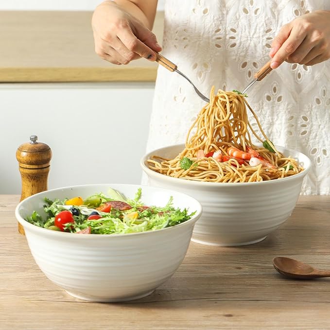 Hasense Serving Bowls, 9 Inch Ceramic Salad Bowls for Kitchen, 84 Ounce Mixing Bowl for Soup Pho Pasta Popcorn, Dishwasher & Microwave Safe, Set of 2(Clay-Infused White)
