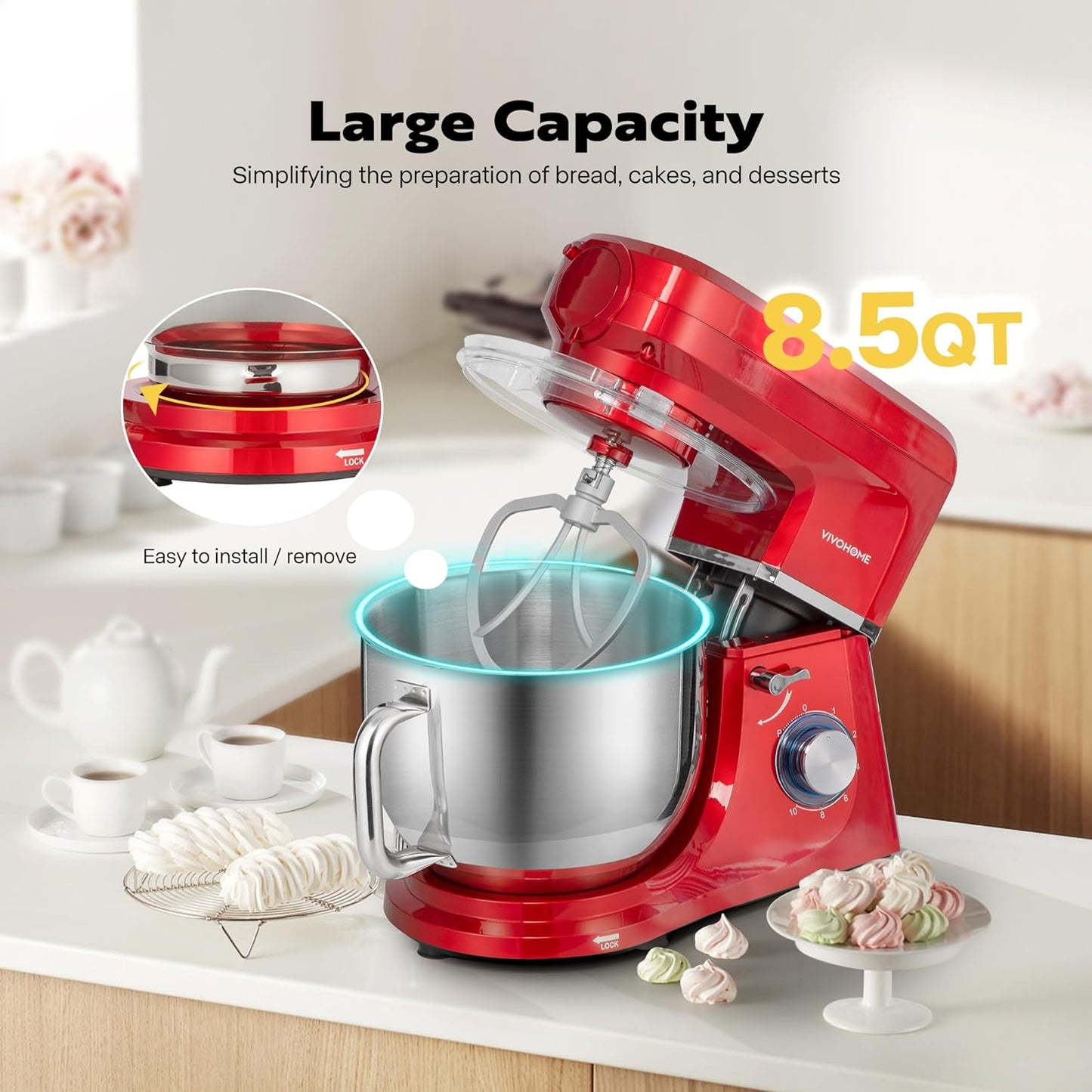 VIVOHOME 6 in 1 Multifunctional Stand Mixer with 8.5 Quart Stainless Steel Bowl, 660W 10 Speed Tilt-Head Meat Grinder, Juice Blender, Vegetable Slicer, Pasta and Cookie Maker, Red