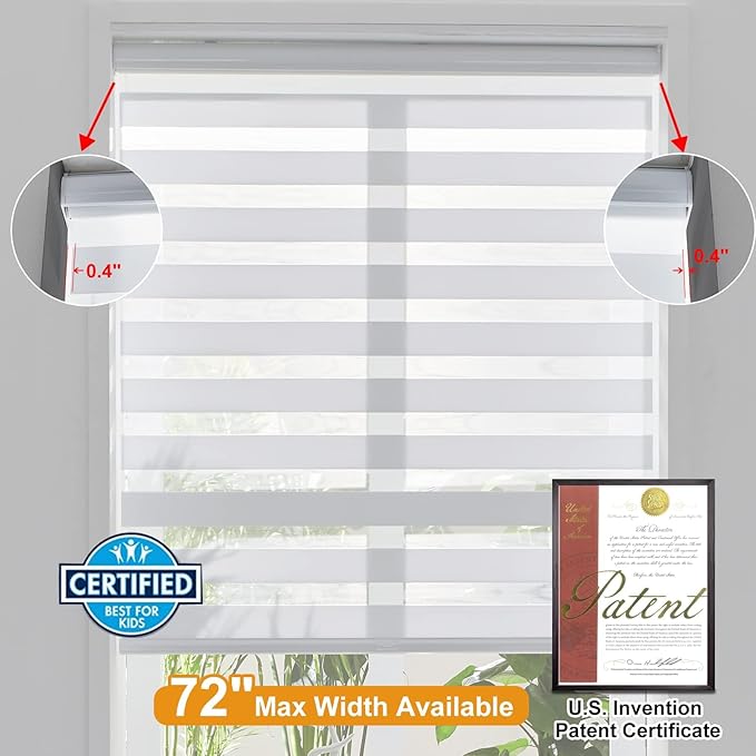 Persilux Zebra Blinds for Windows, Cordless Roller Blinds (63" W x 72" H, White) Light Filtering Sheer Window Treatments, Light Control for Day and Night, Room Darkening Roller Shades for Windows