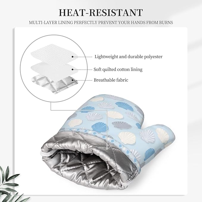 Oven Mitts and Pot Holders Summer Seashell Blue Pastel Silicone Kitchen Accessories Set of 4 Heat Resistant Long Gloves Potholder Non-Slip Grip for Chef Baking Cooking Grilling BBQ