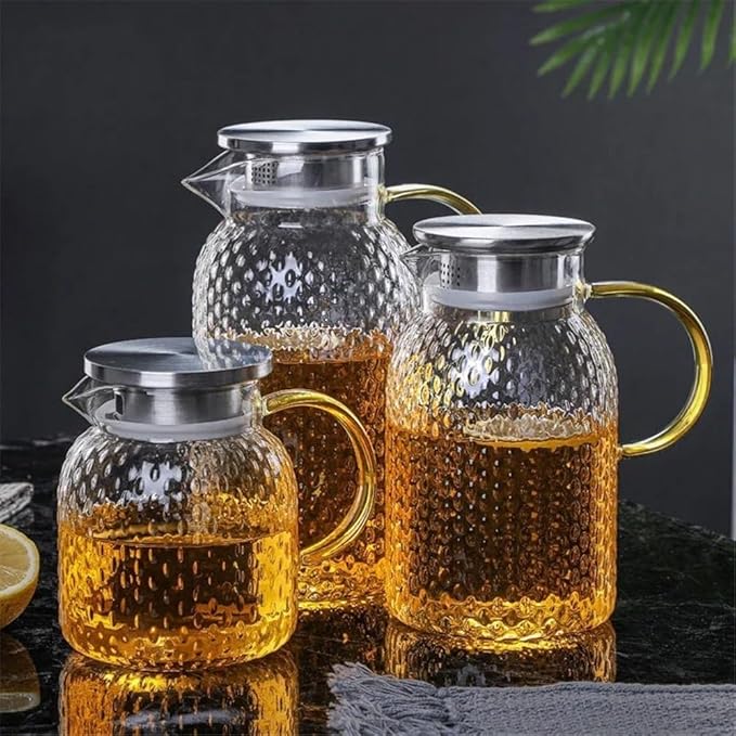 Tea Set Glass Water Pitcher with Filter Lid and Pouring Spout Heat Resistant Carafe for Hot Cold Beverages Homemade Ice Tea Bottle Teapot Set(1.8L)