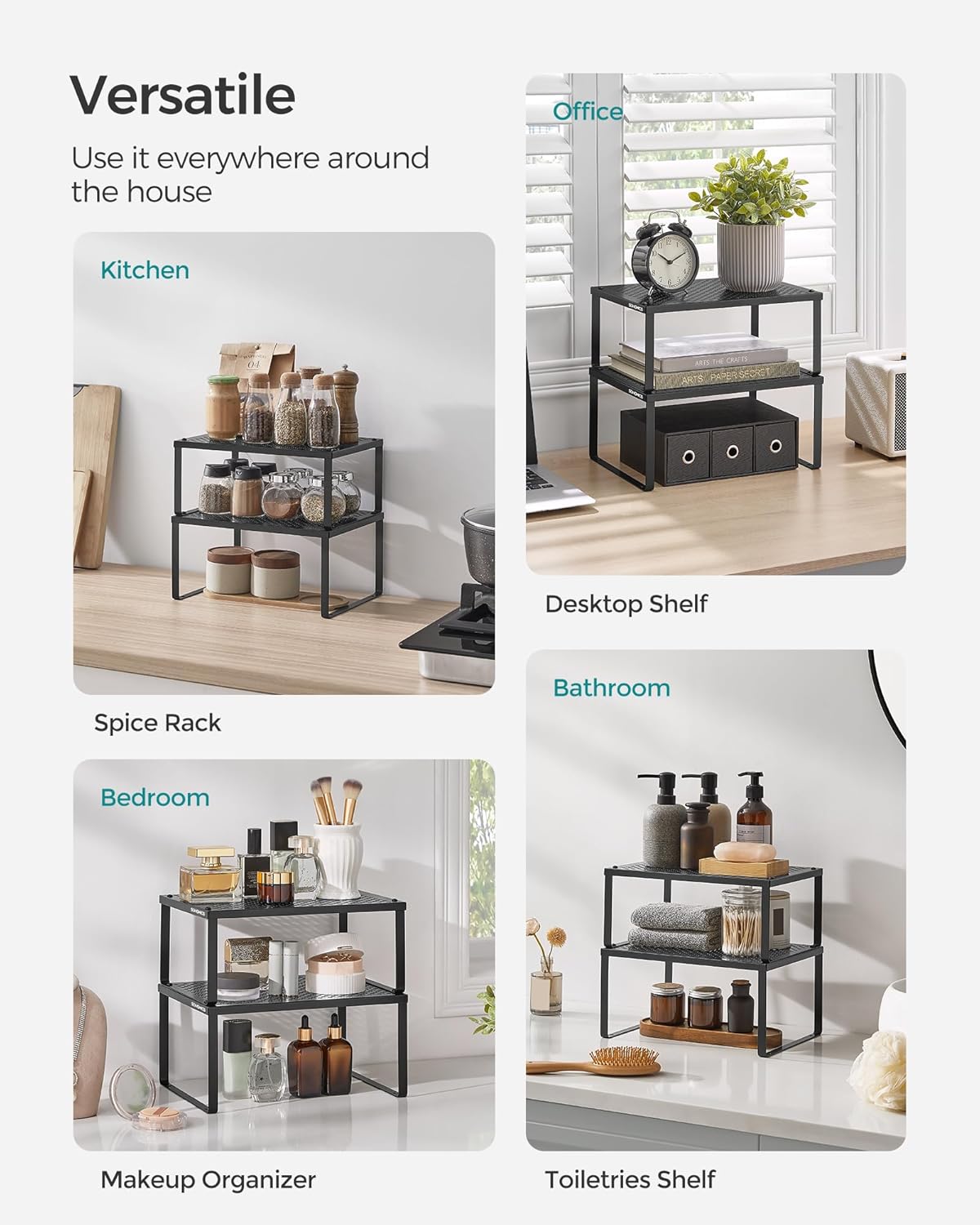 SONGMICS Spice Racks, Set of 2 Metal Cabinet Shelf Organizers, Countertop Organizers, Shelf Risers, Stackable, Expandable, Ink Black UKCS001B01