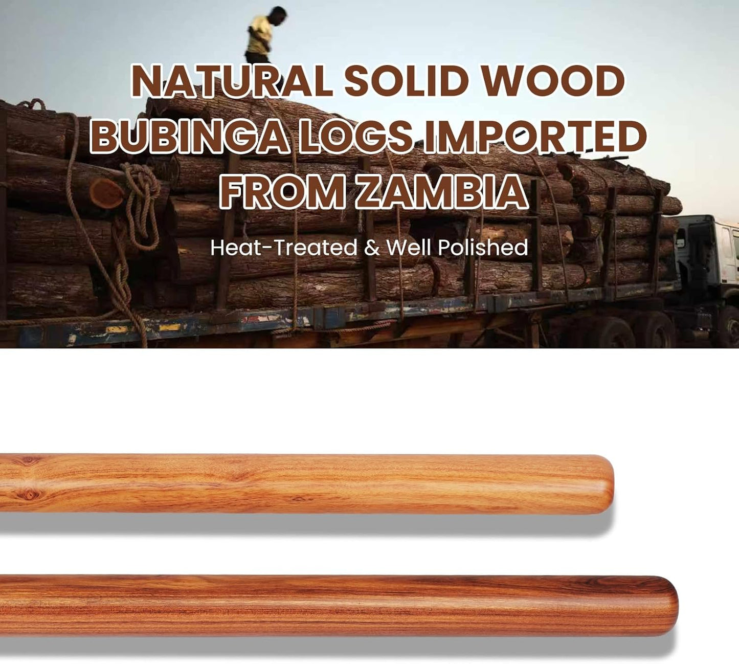 Natural Solid Bubinga Wood French Rolling Pin for Baking | Straight rod type | High-Density Professional Dough Roller (straight - 15.75‘L)