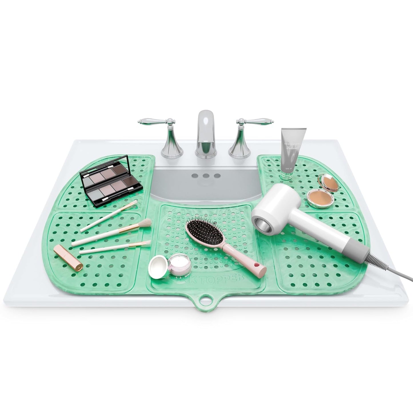 Sink Topper Bathroom Counter Cover & Storage Saver, Foldable Silicone Mat for Hot Tools, Hair Styling & Makeup, Beauty Brush Cleaning Mat, RV Camper Sink Cover & for Small Spaces (Large Green)