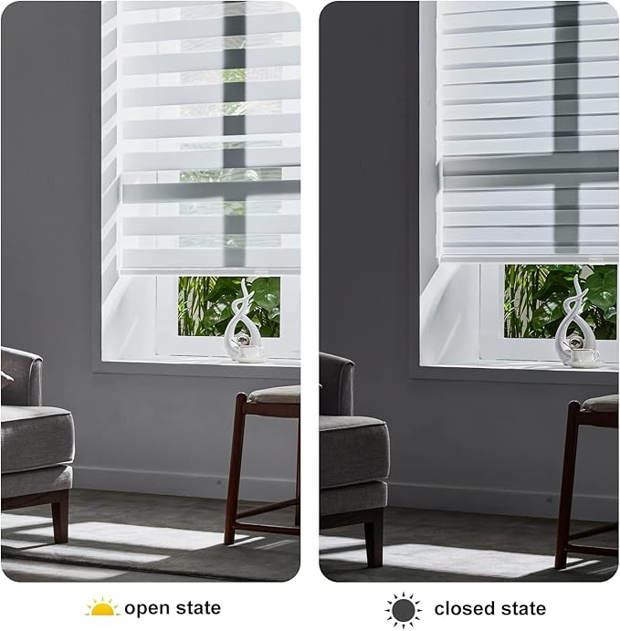Persilux Cordless Zebra Blinds for Windows, Roller Shades for Windows (51" W x 72" H, White) Dual Layer Fabric for Day and Night,Room Darkening Shades for Home, Office, Bedroom and Living Room