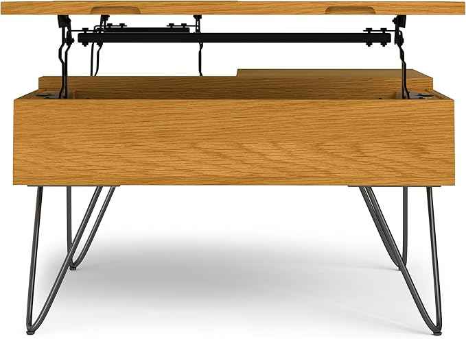 SIMPLIHOME Hunter Lift Top Coffee Table - 32 inch Wide Oak Veneer and Metal Industrial Square Lift Top Cocktail Table in Oak, Living Room Table with Dual Lift Tops, Hidden Storage and Hairpin Legs