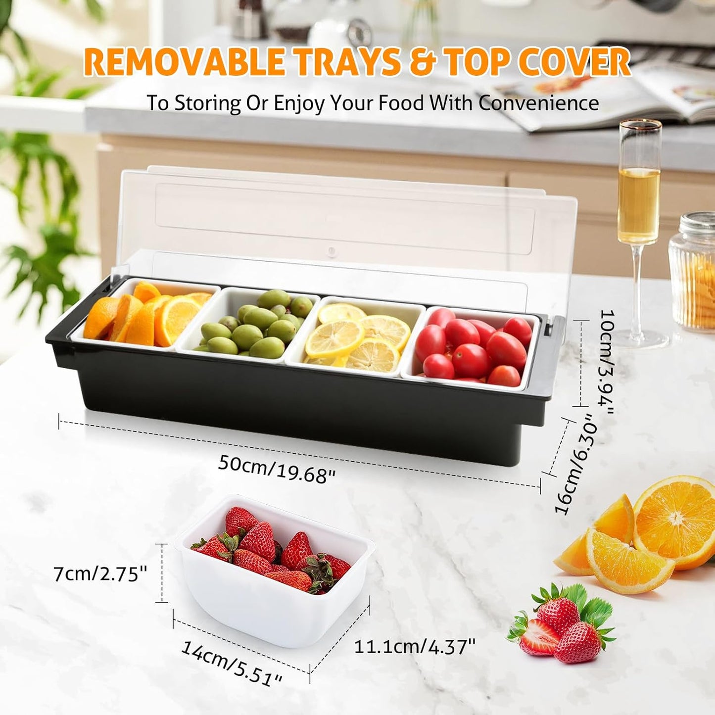 WICHEMI Fruit, Veggie & Condiment Caddy with Lid Dispenser Tray Garnish Station for Bartending & Serving Taco, Ice Cream, Salad Bar - Topping Organizer for Restaurant Supplies (4 Compartment, 2 Pack)