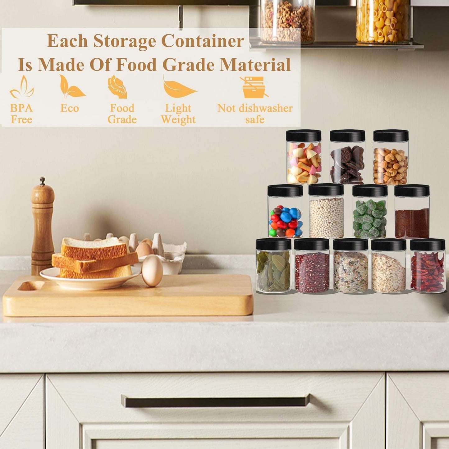 Plastic Jars with Lids Empty Slime Cosmetics Containers Clear Gift Food Jars Round PET Cream Jar with Black Lids Pen Labels for Kitchen Storage Spices Dry Food Body Butter Making(8OZ 32PCS)