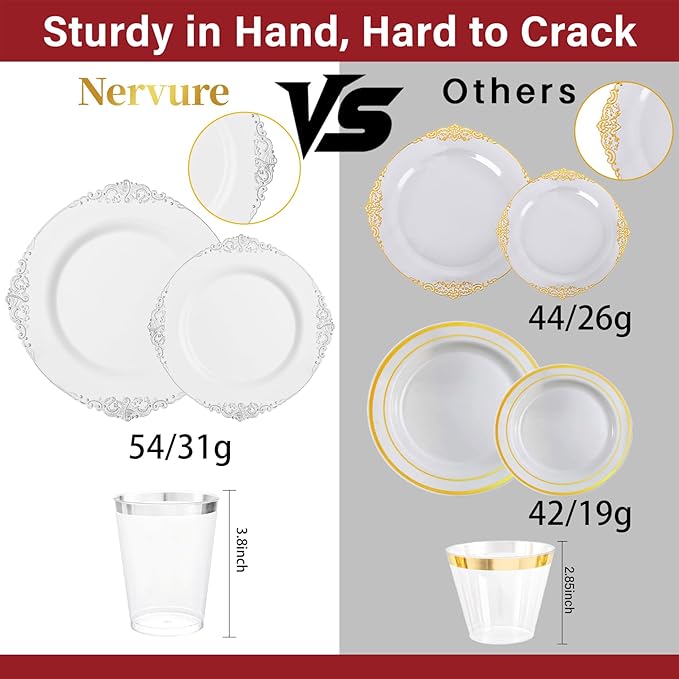 Nervure 350PCS Silver Plastic Plates - Silver Plastic Dinnerware Sets for 50 Guests - 100 Disposable Plates, 150 Silverware, 50 Cups, 50 Napkins for Wedding & Party