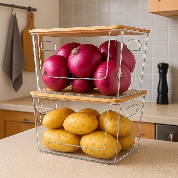 6 Pack Clear Stackable Storage Bins with Bamboo Lids, Trash Bag Holder Dispenser Under Sink Organizer for 4-13 Gal Bags, Plastic Storage Containers for Pantry Bathroom Kitchen Organization