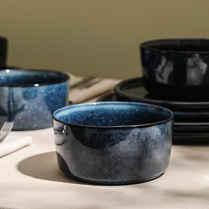 Stone Lain Eden 24-Piece Dinnerware Set Stoneware, Plates and Bowls Set, Dishwasher and Microwave Safe Dish, Dish Set for 8, Dark Blue