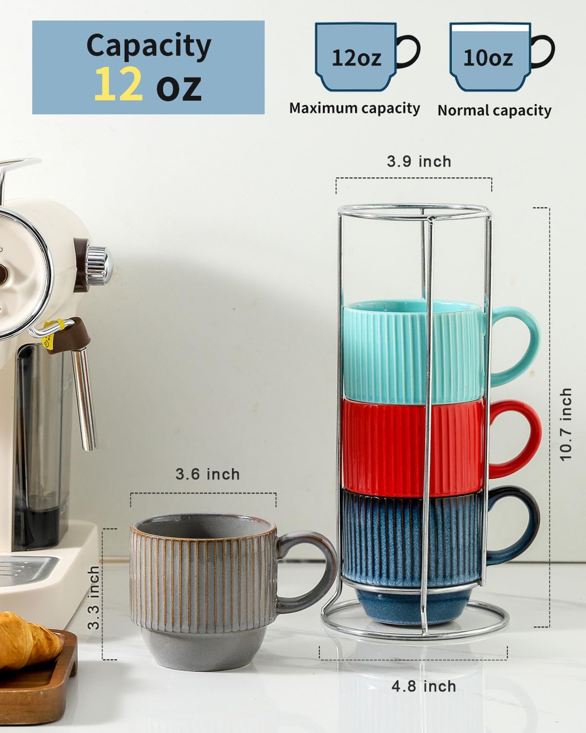 Hasense Coffee Mug Set of 4 with Holder - 12 oz Stackable Large Ceramic Ribbed Latte Cup Set for Cappuccino, Tea, Hot Cocoa, Drinks - Dishwasher & Microwave Safe Multi color