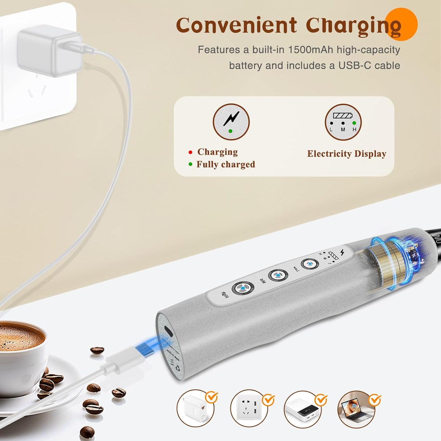 Milk Frother Handheld Rechargeable, Frother Wand Drink Mixer Electric Whisk for Coffee, Detachable With 3 Stainless Whisks, Hand Mixer for Lattes, Cappuccino, Matcha, Egg, No Stand, Silver