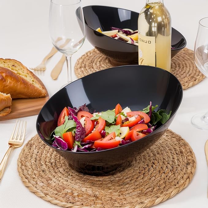 bUCLA 12 Pack Black Plastic Serving Bowls - 54 OZ Angled Bowls Disposable for Chip&Candy - Party Table Salad and Fruit for Party, Wedding & New Year