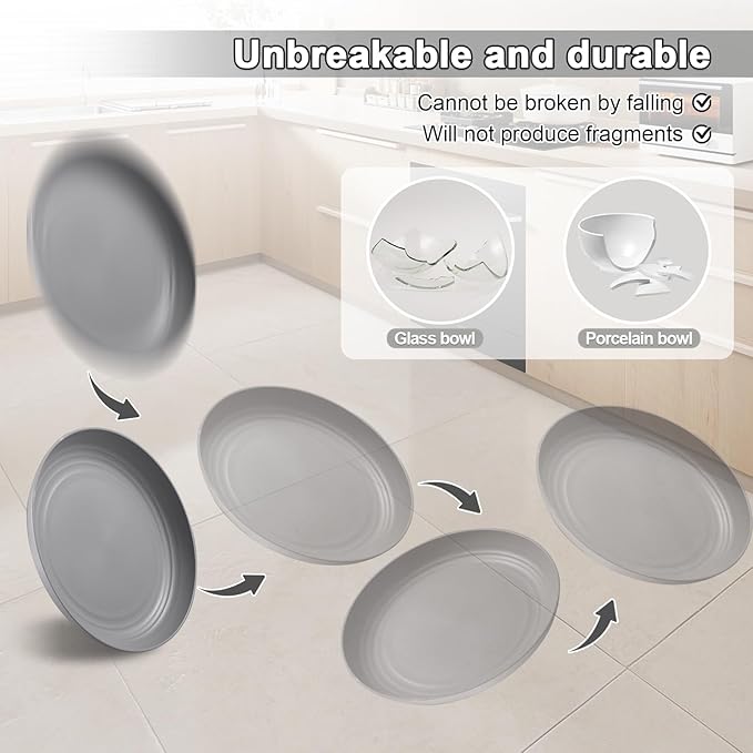 12 Pcs Unbreakable Deep Dinner Plates Set, 9 inch Reusable Plastic Wheat Straw Plates, Microwave and Dishwasher Safe Plate for Kitchen, Lightweight Plate for Dessert, BPA Free, Dark Gray