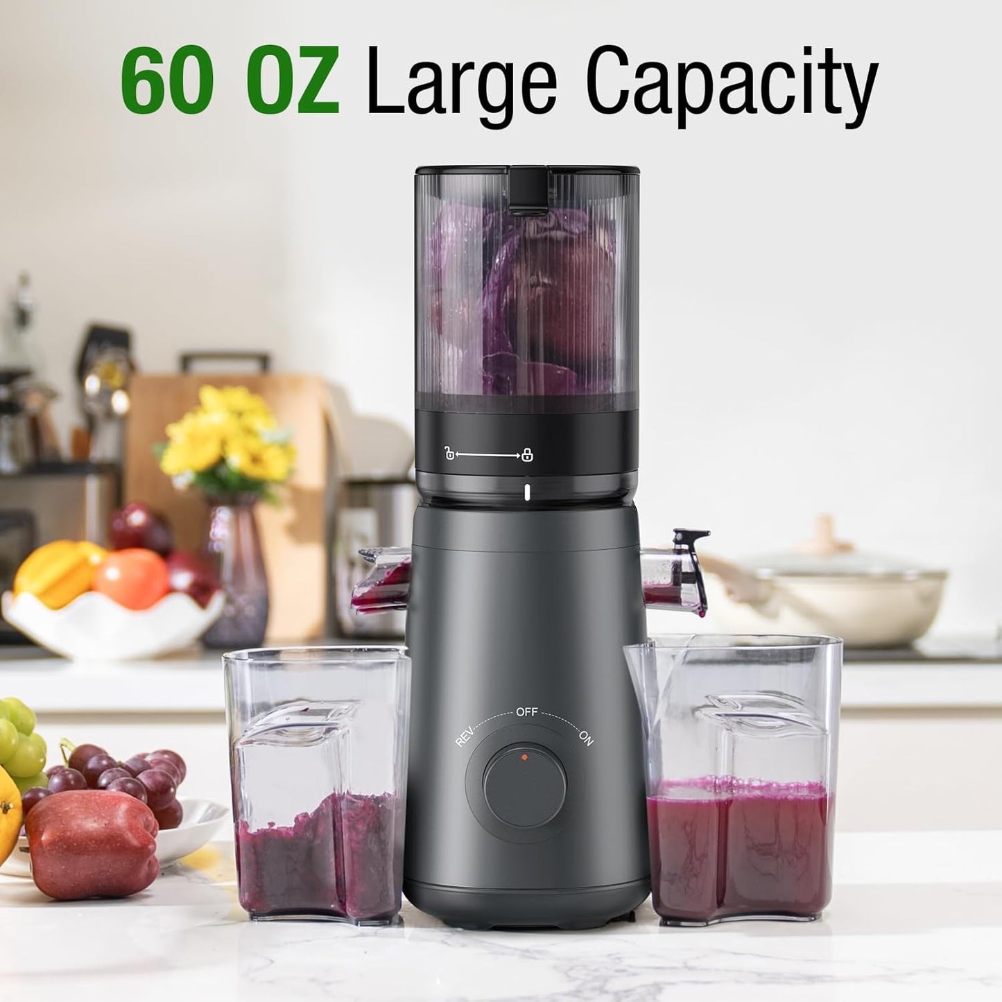 Juicer Machines, TUUMIIST Cold Press Juicer with 5.3" Extra Large Feed Chute Fit Whole Fruits & Vegetables Easy to Clean, High Juice Yield, BPA Free (Gun Grey)