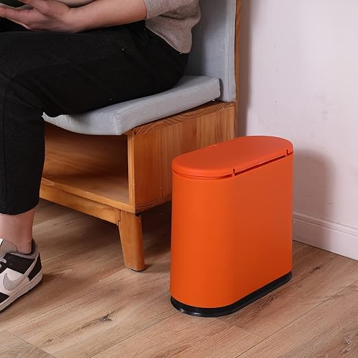 Sooyee 10 Liter Rectangular Plastic Trash Can Wastebasket with Press Type Lid,2.4 Gallon Garbage Container Bin for Bathroom,Powder Room,Bedroom,Kitchen,Craft Room,Office,Orange